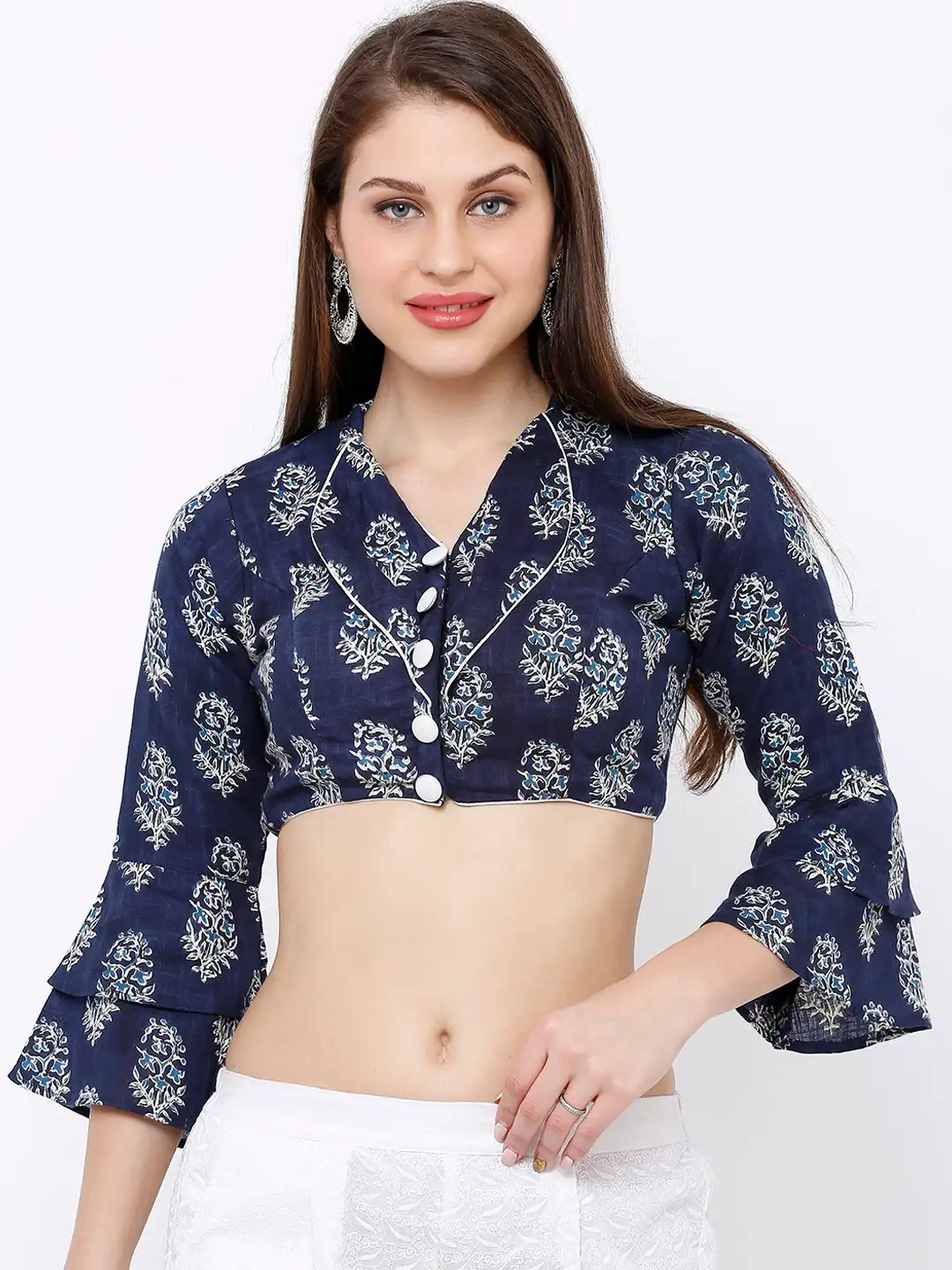 トップス BLUELEA Bellsleeve embroidery blouse Buy Salwar Studio Women Navy Blue & White Bell Sleeve Readymade