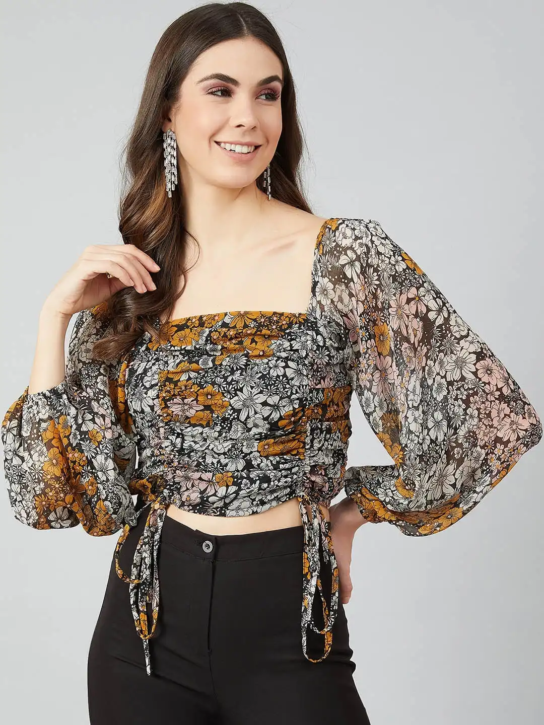 Buy Athena Black Floral Printed Puff Sleeves Smocked Georgette