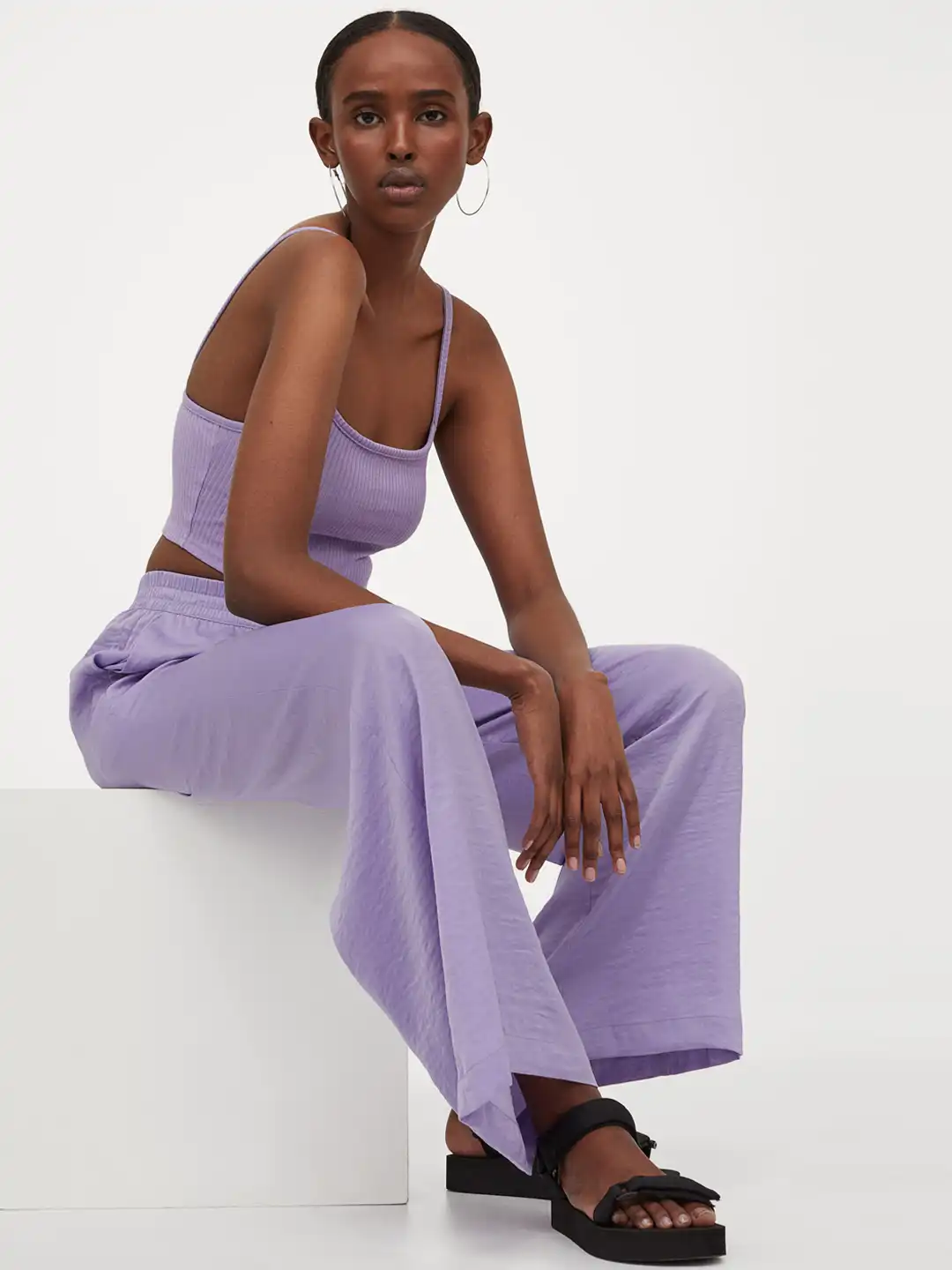 Buy H&M Women Purple Wide Satin Trousers - Trousers for Women