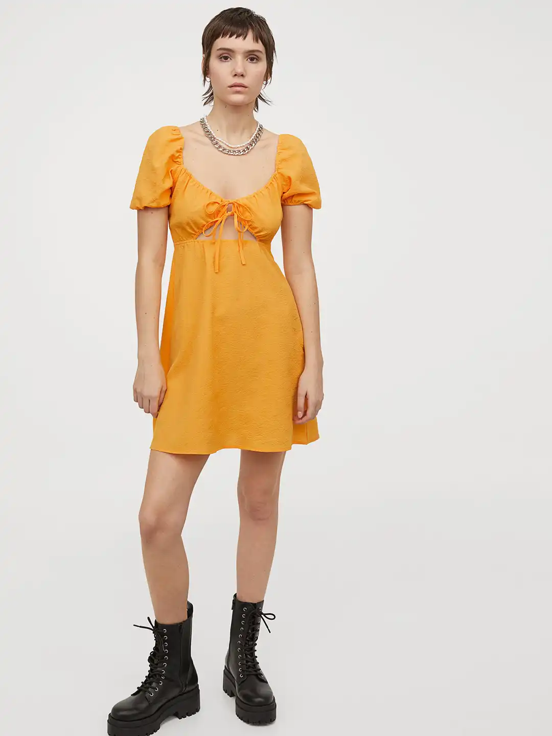 h&m orange puff sleeve dress Women's Bright orange Puff-sleeved dress