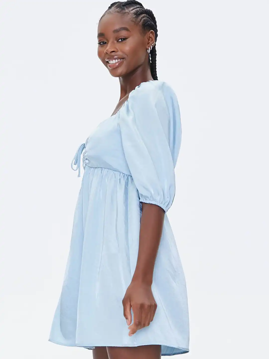 Buy FOREVER 21 Women Solid Blue Empire Puff Sleeve Dress - Dresses for Women 14777052