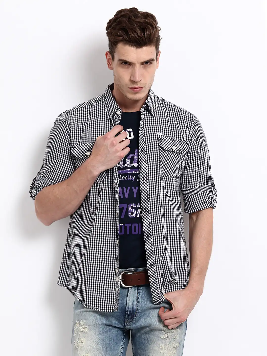 Buy Roadster Men Black & White Checked Basic Double Pocket Slim