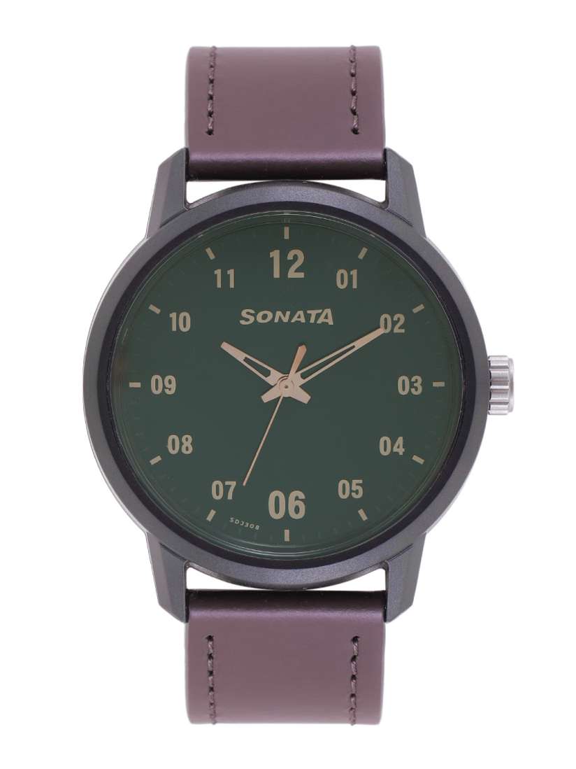Buy Sonata Men Dark Green Leather Straps Analogue Watch 77085PL02 Watches for Men 10052621 Myntra