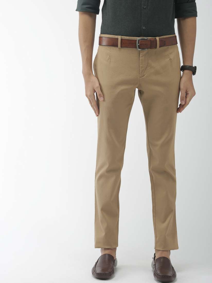 Buy Indian Terrain Men Khaki Urban Comfort Regular Fit Self Design Smart Casual Trousers Trousers for Men 10148259 Myntra