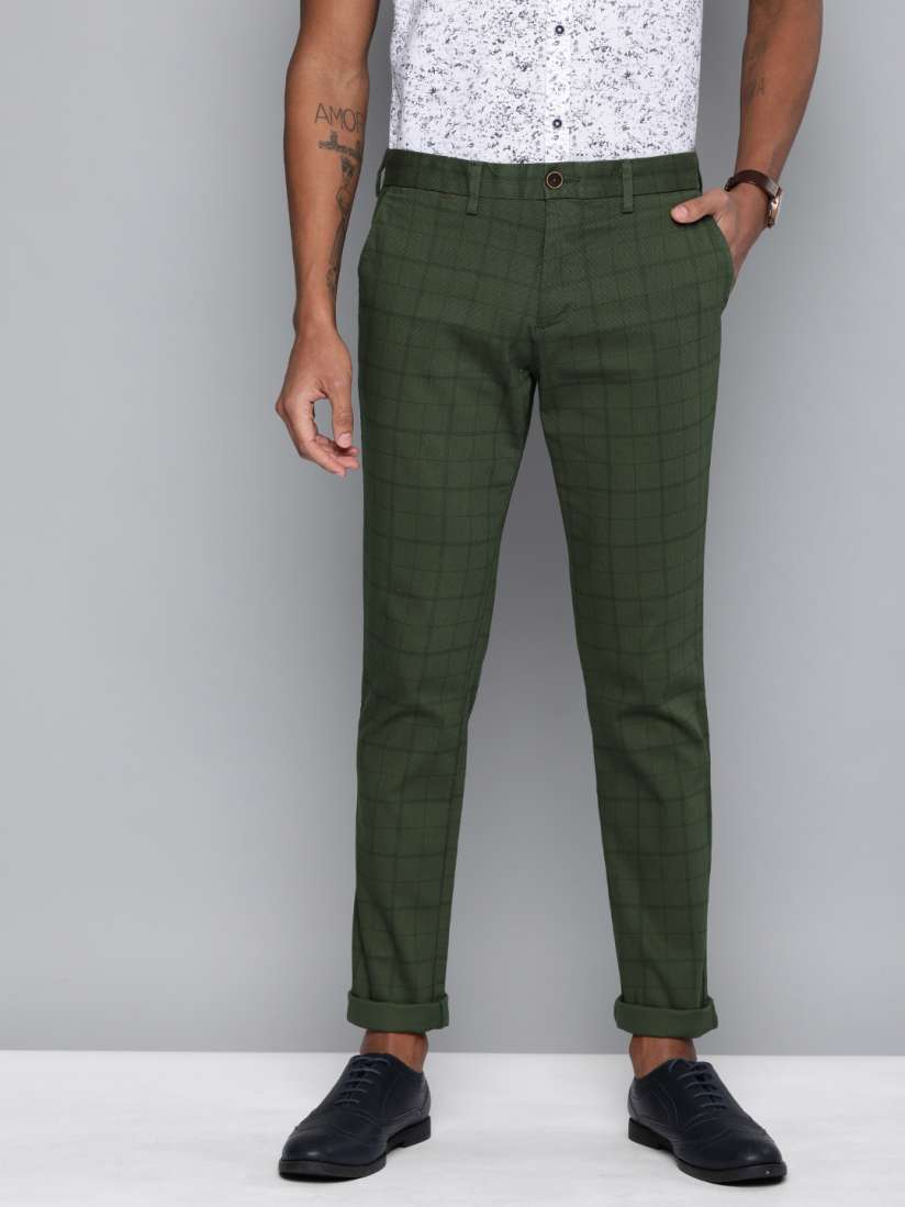 Buy Indian Terrain Men Olive Green Urban Comfort Fit Checked Regular Trousers Trousers for Men 10148635 Myntra