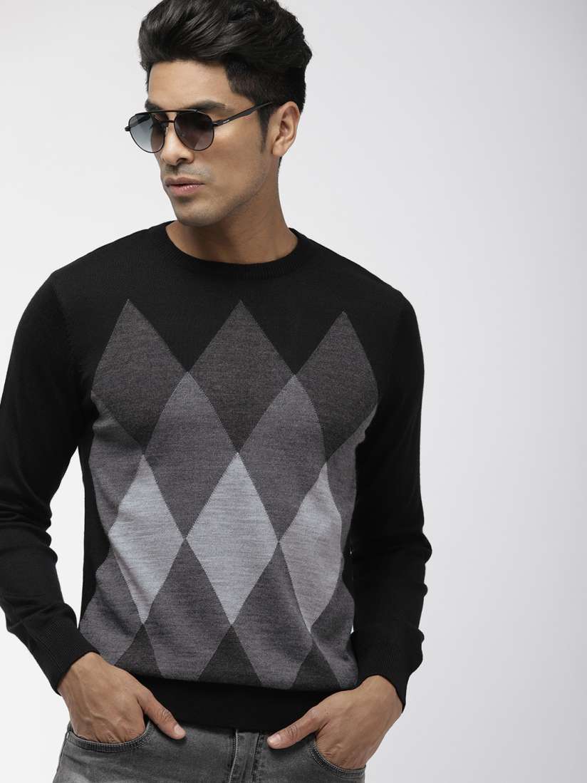Buy Indian Terrain Men Black Grey Self Design Sweater Sweaters for Men 10157295 Myntra