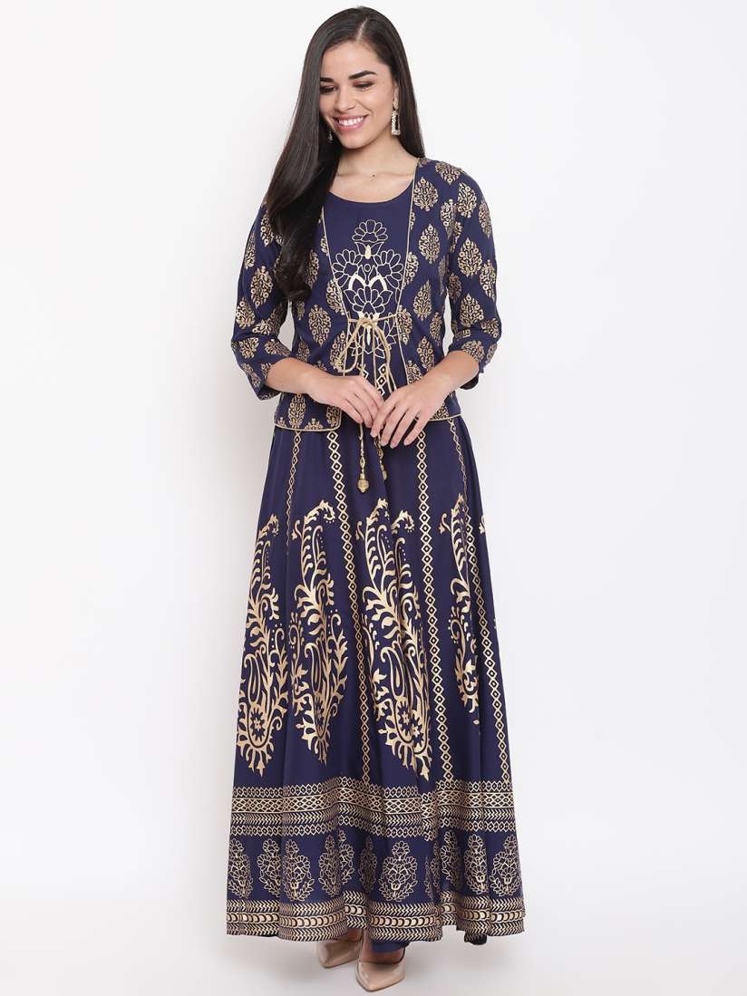 Buy Kurti s by Menka Women Navy Blue Golden Block Print Maxi Dress with Ethnic Jacket Kurtas for Women 10172973 Myntra