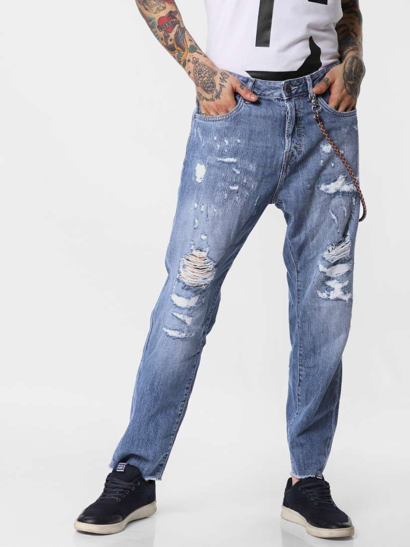 Buy Jack Jones Men Blue Fred Tapered Fit Low Rise Highly Distressed Jeans Jeans for Men 10180571 Myntra