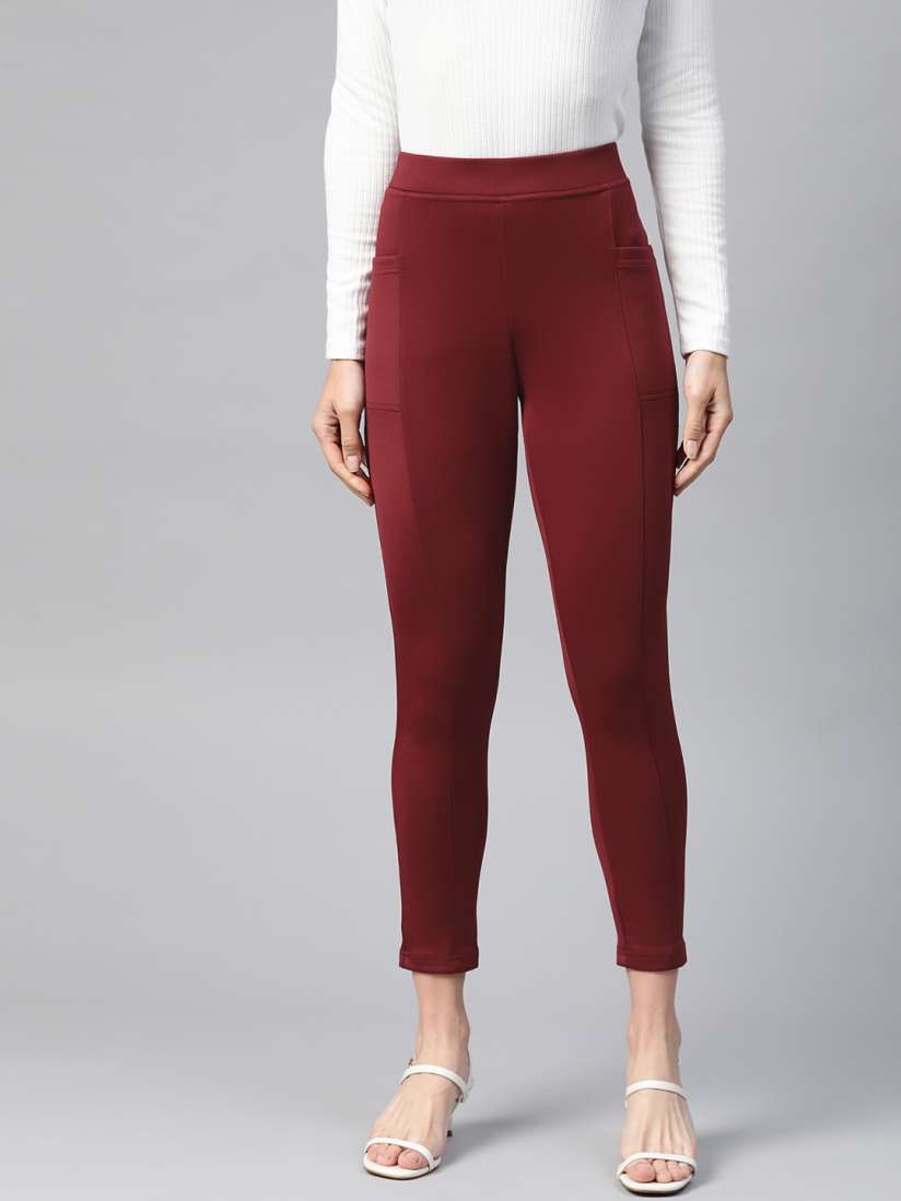 Buy Aurelia Women Maroon Solid Cropped Treggings Jeggings for Women 10185613 Myntra