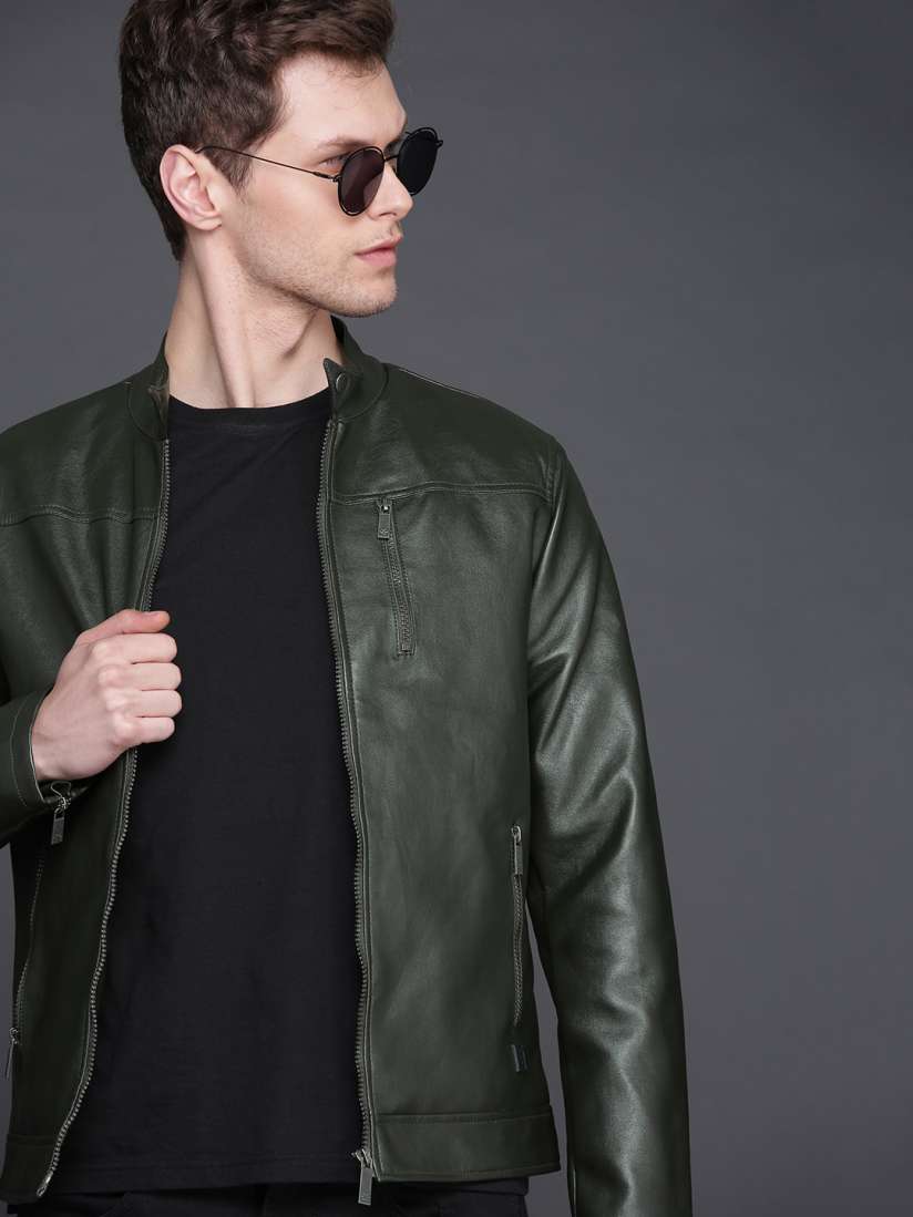 Buy WROGN Men Olive Green Solid Slim Fit Biker Jacket Jackets for Men 10187221 Myntra