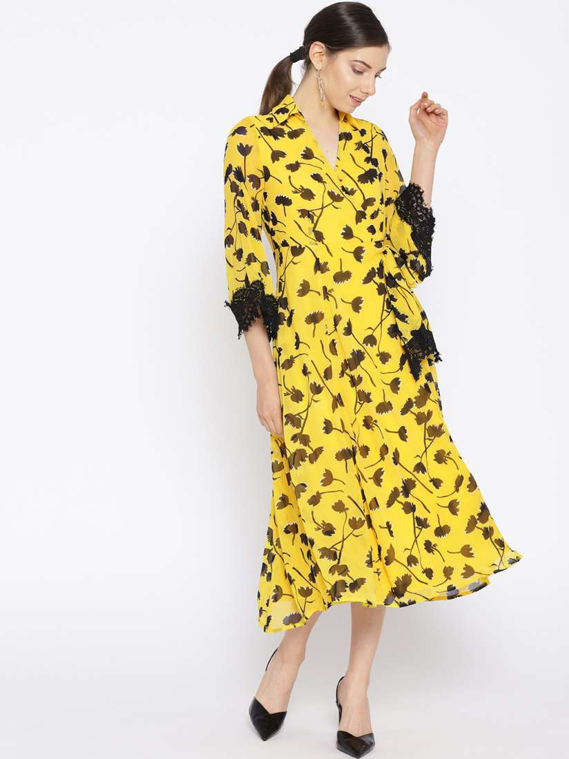 Yellow and black wrap dress top