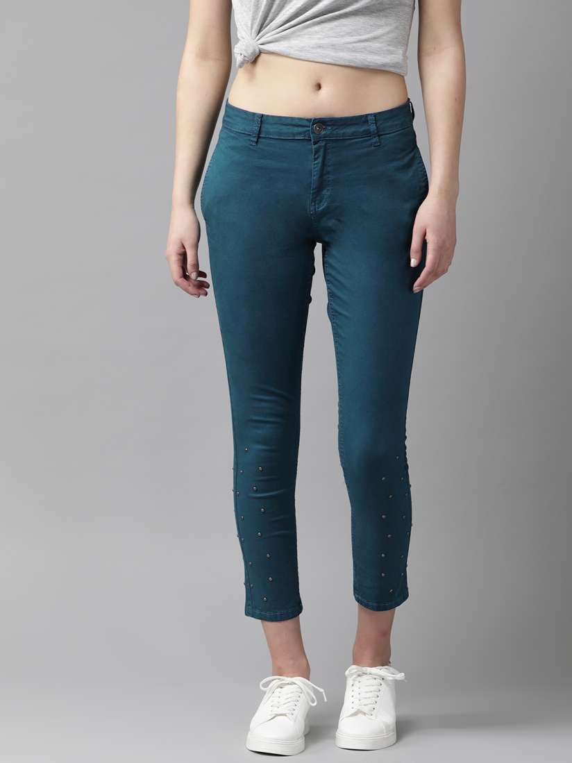 Teal cropped trousers clearance