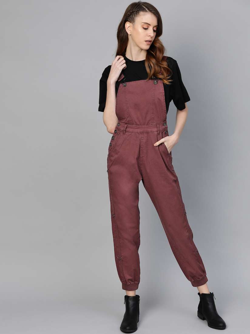 Buy Roadster Women Burgundy Solid Sustainable Jogger Sustainable Dungarees Dungarees for Women 10220717 Myntra
