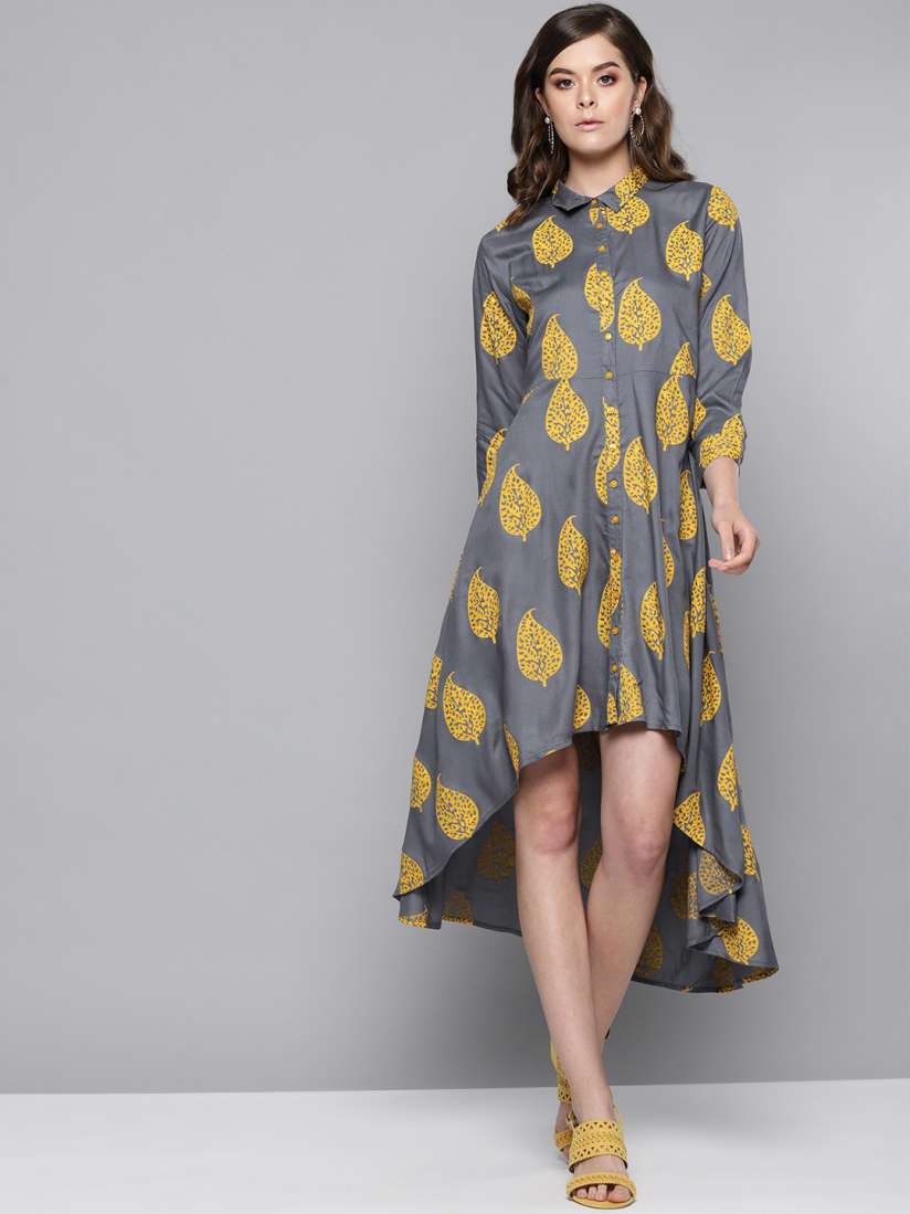 Buy STREET 9 Women Grey Mustard Yellow High Low Shirt Dress Dresses for Women 10255987 Myntra
