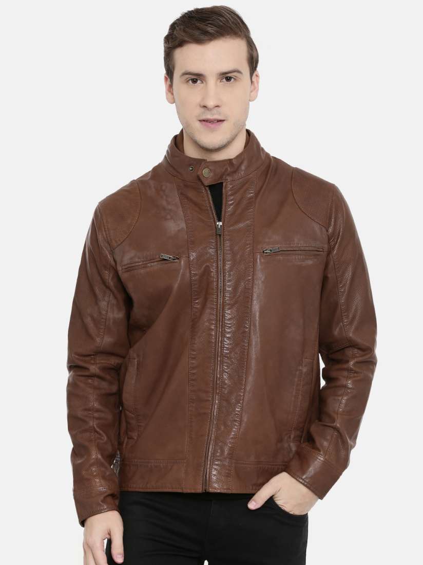 Buy Wrangler Men Brown Solid Biker Slim Fit Jacket Jackets for Men 10267175 Myntra