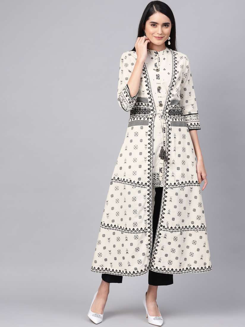 Buy Shree Women Beige Black Printed Pure Cotton Kurti with Ethnic Jacket Kurtis for Women 10295161 Myntra