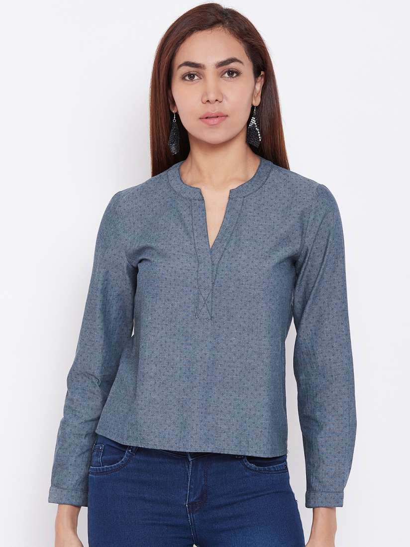 Buy LA LOFT Women Blue Self Design Pure Cotton Top Tops for Women 10303519 Myntra