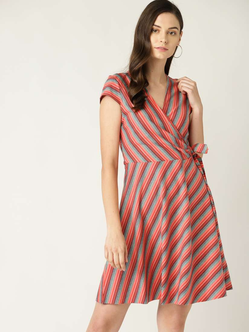 Buy United Colors of Benetton Women Coral Orange Green Striped Wrap Dress Dresses for Women 10305231 Myntra
