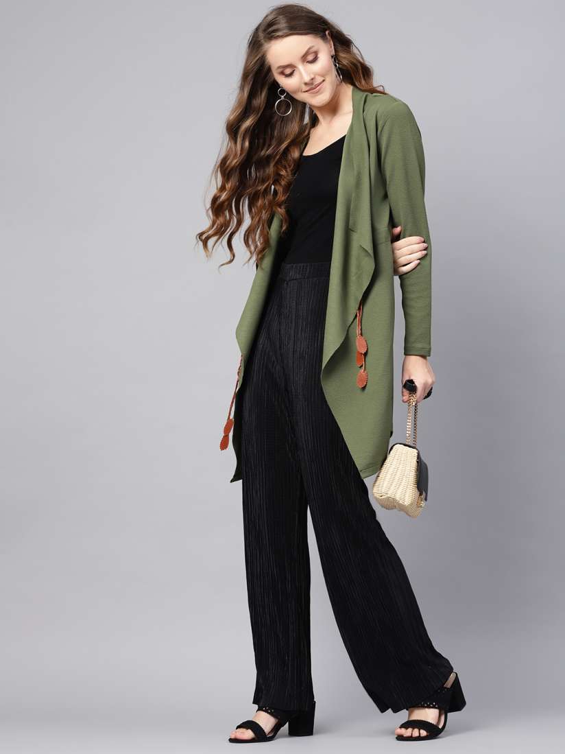 Buy SASSAFRAS Women Olive Green Solid Longline Waterfall Shrug with Tie Up Shrug for Women 10308535 Myntra