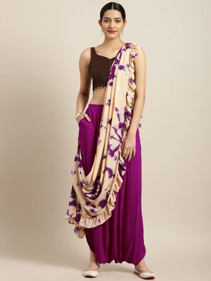 Buy Inddus Purple Beige Polycotton Dyed Ready to Wear Dhoti Saree Sarees for Women 10308763 Myntra