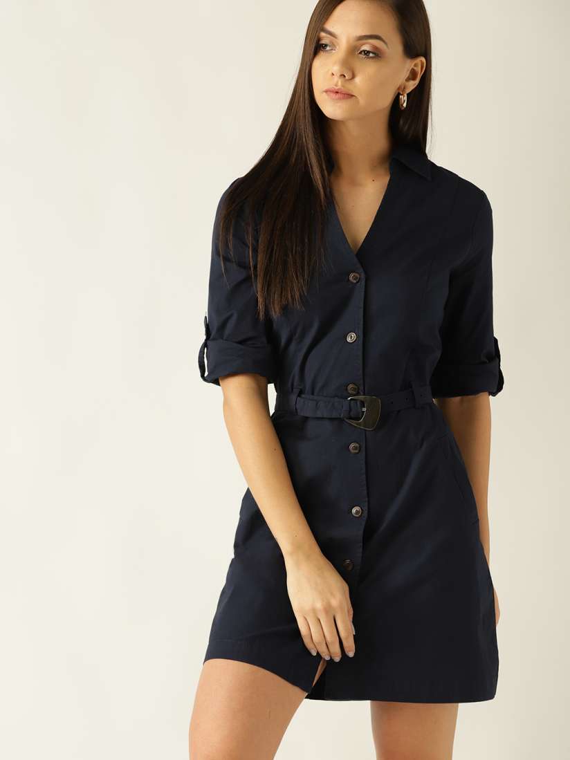 Buy MANGO Women Navy Blue Solid Shirt Dress with Belt Dresses for Women 10313215 Myntra