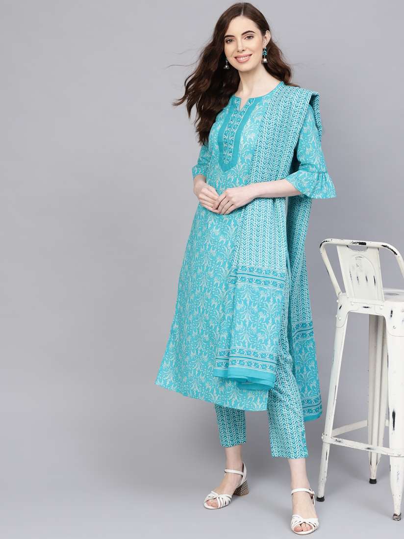 Buy Jaipur Kurti Women Blue White Printed Kurta with Trousers Dupatta Kurta Sets for Women 10317831 Myntra