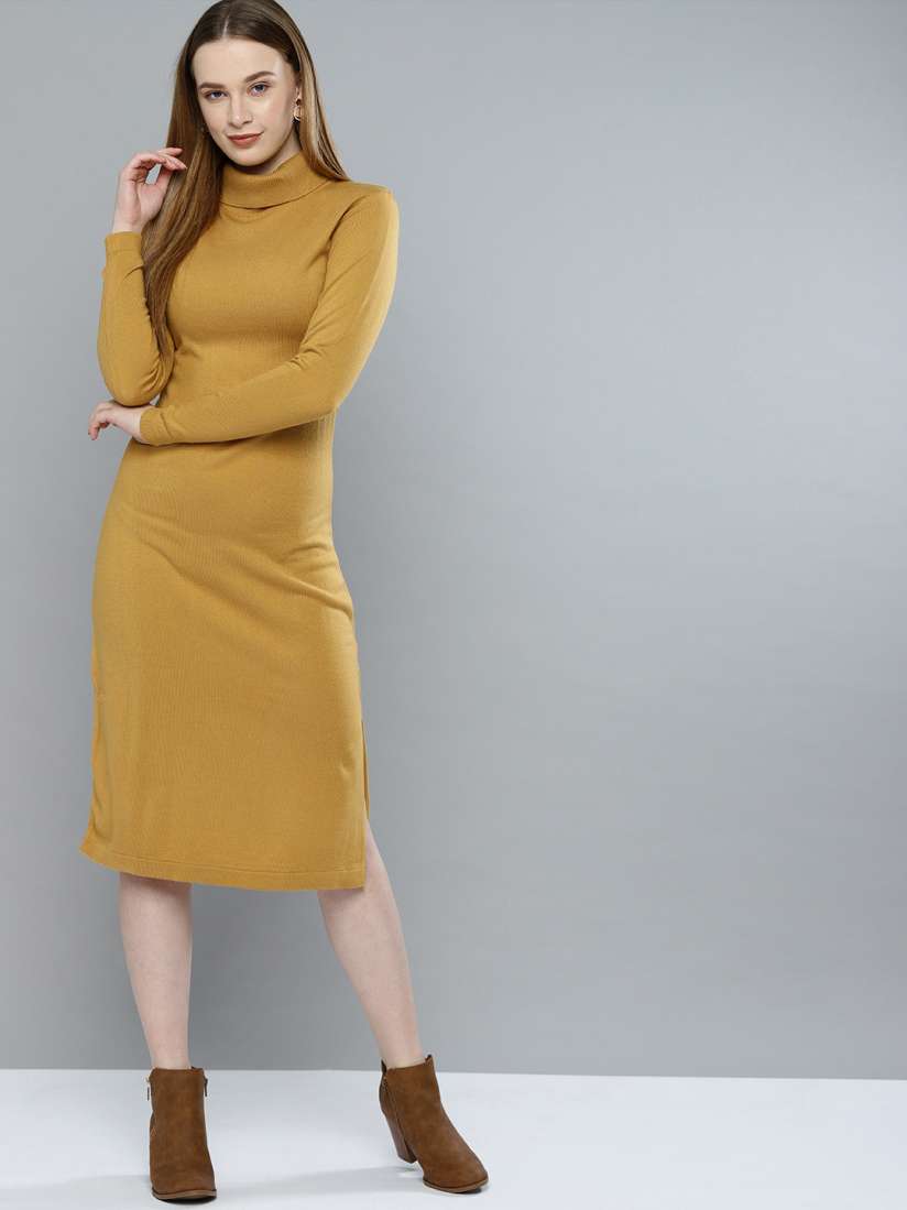 Buy Mast Harbour Mustard Yellow Choker Neck Jumper Dress Dresses for Women 10322893 Myntra
