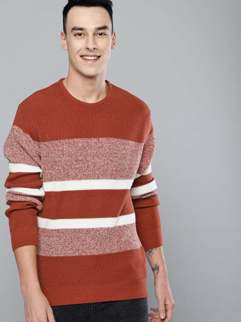 Buy Mast Harbour Men Rust Red Off White Striped Acrylic Sweater Sweaters for Men 10323041 Myntra