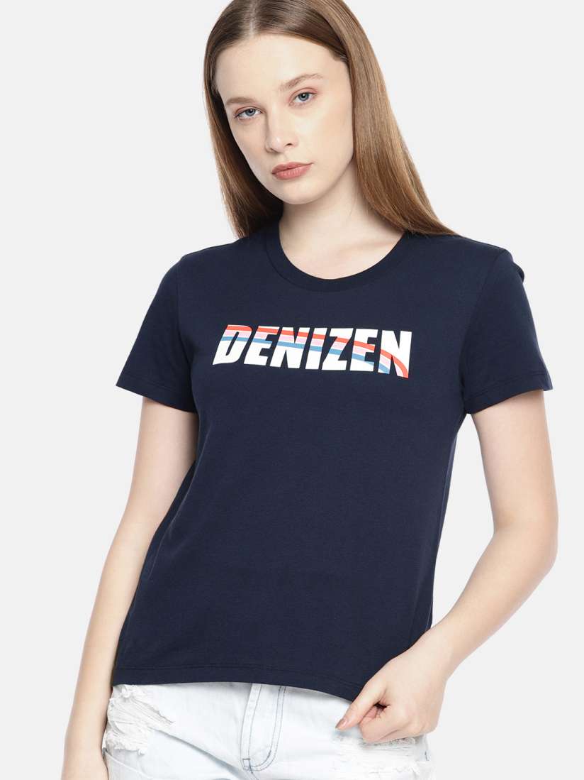 Buy Denizen From Levis Women Navy Blue Printed Round Neck Pure Cotton T shirt Tshirts for Women 10323689 Myntra