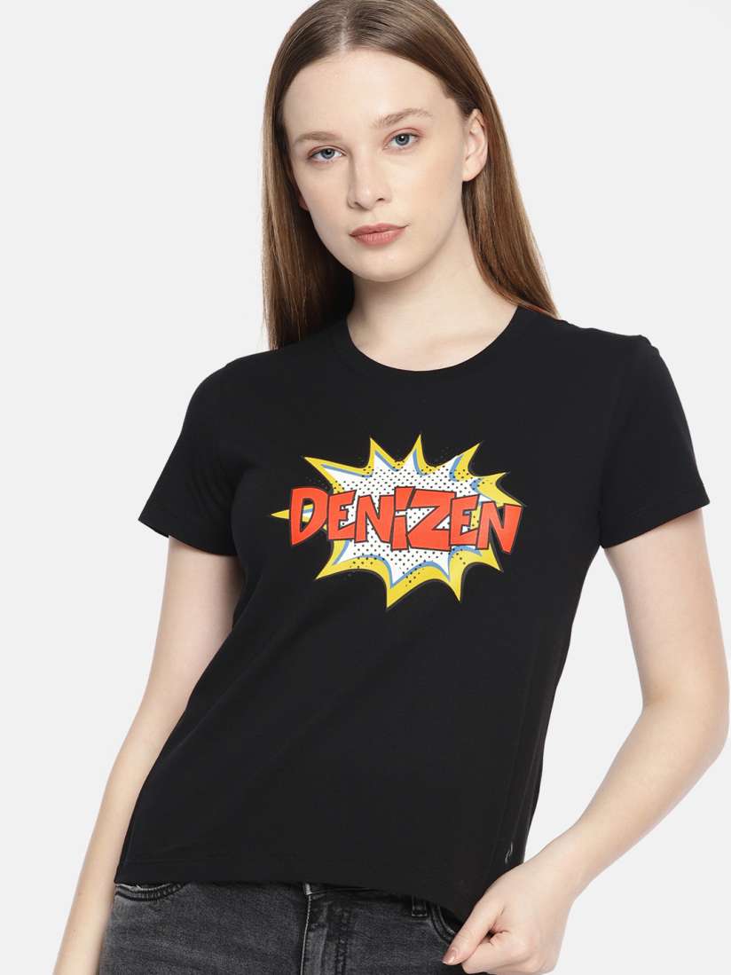 Buy Denizen From Levis Women Black Printed Round Neck Pure Cotton T shirt Tshirts for Women 10323759 Myntra