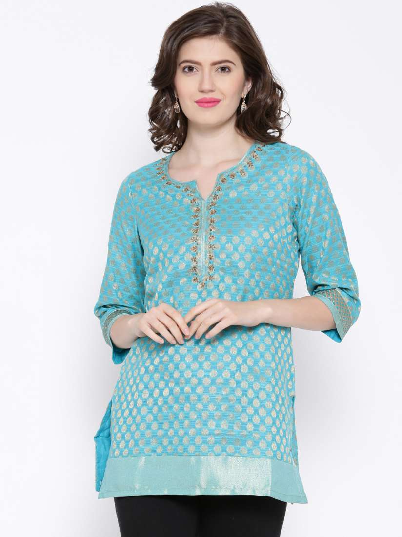Buy BIBA OUTLET Women Turquoise Blue Gold Toned Woven Design Sequinned Detail Kurti Kurtis for Women 1035384 Myntra