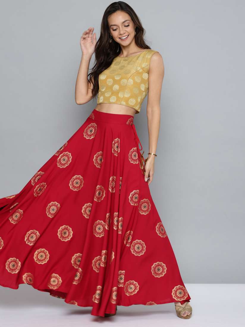 Buy HERE NOW Red Golden Printed Flared Maxi Skirt Skirts for Women 10356585 Myntra