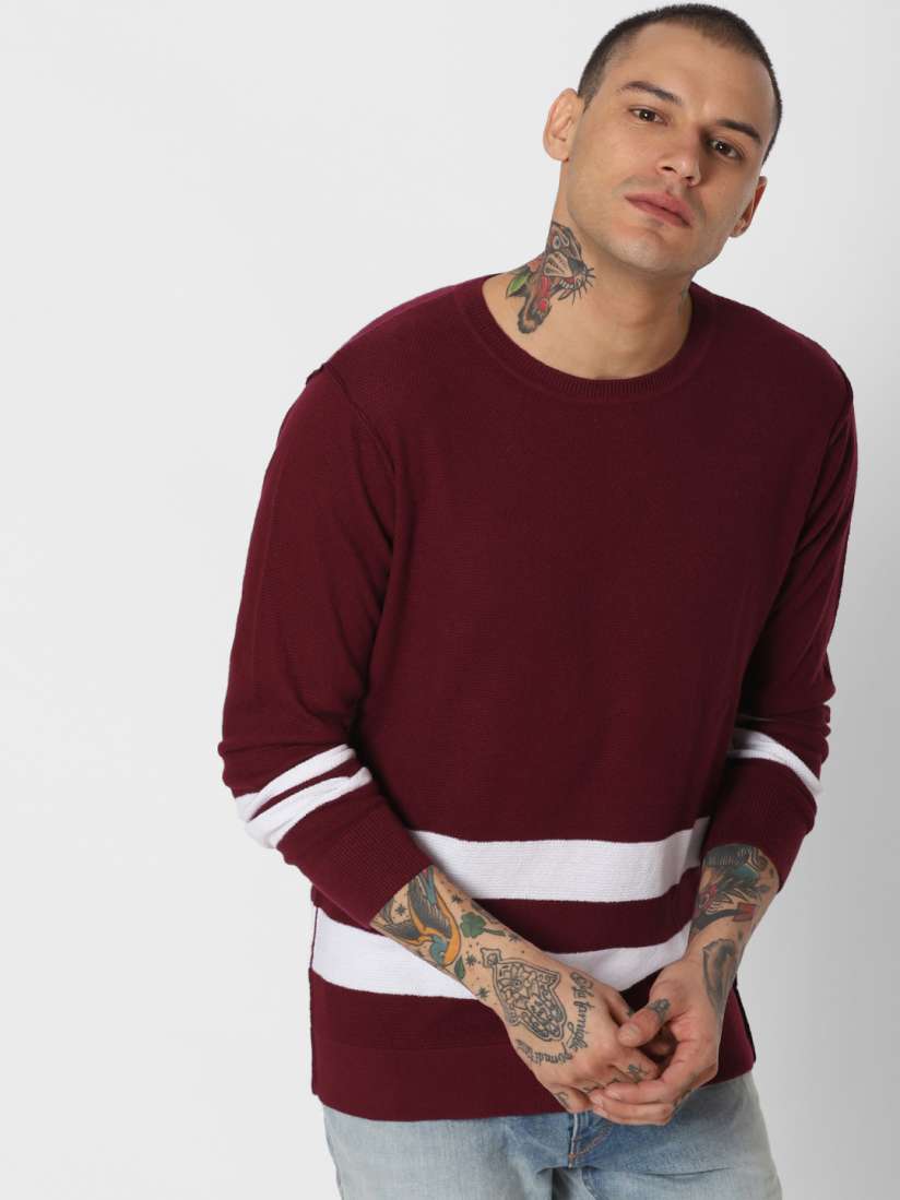 Buy Jack Jones Men Maroon White Striped Sweater Sweaters for Men 10367393 Myntra
