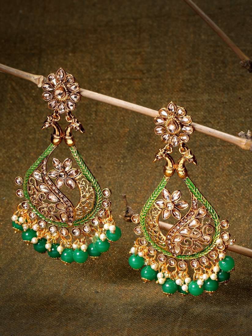 Buy Priyaasi Green Gold Plated Stone Studded Beaded Hand Painted Drop Earrings Earrings for Women 10393575 Myntra
