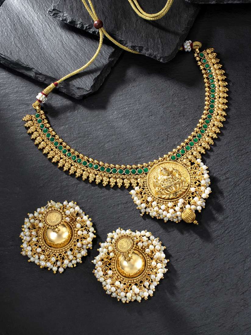 Buy Temple Jewellery 18K Gold Plated Goddess Laxmi Pearl Necklace With Jhumki Earrings Jewellery Set for Women 10406731 Myntra