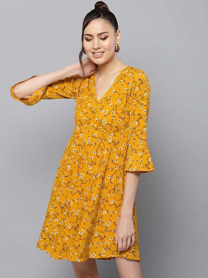 Buy Trend Arrest Women Mustard Yellow Black Floral Print Wrap Dress Dresses for Women 10412890 Myntra