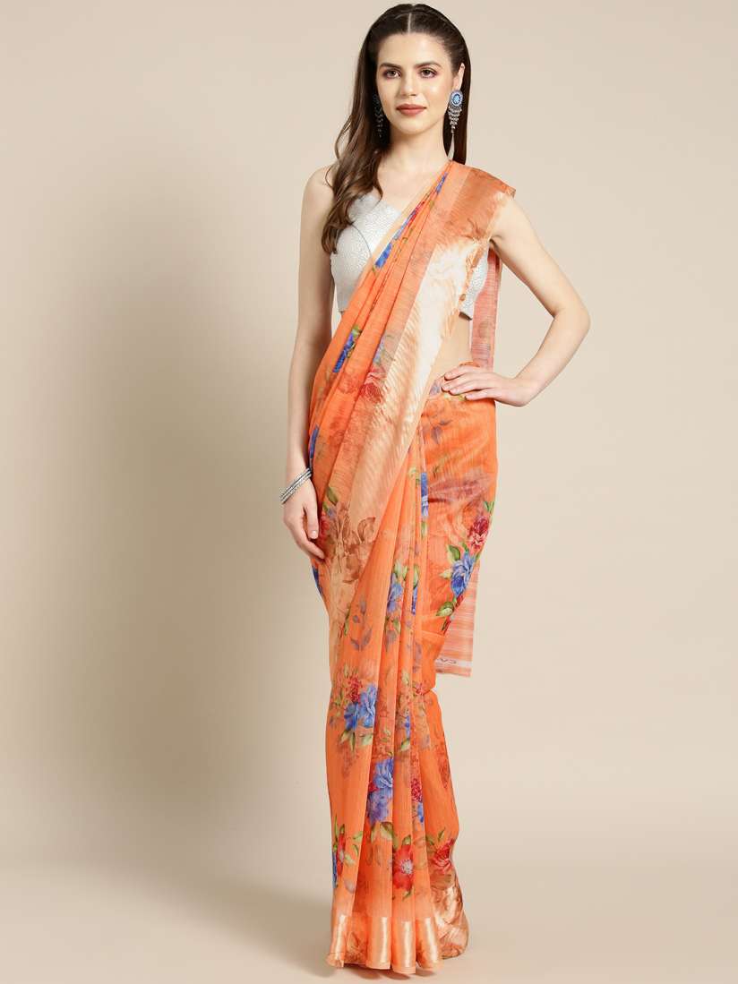 Buy Ishin Orange Blue Printed Saree Sarees for Women 10417064 Myntra