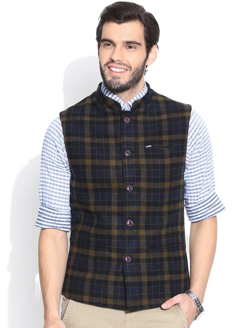 Buy Numero Uno Black Olive Green Checked Nehru Jacket Jackets for Men 1046024 Myntra