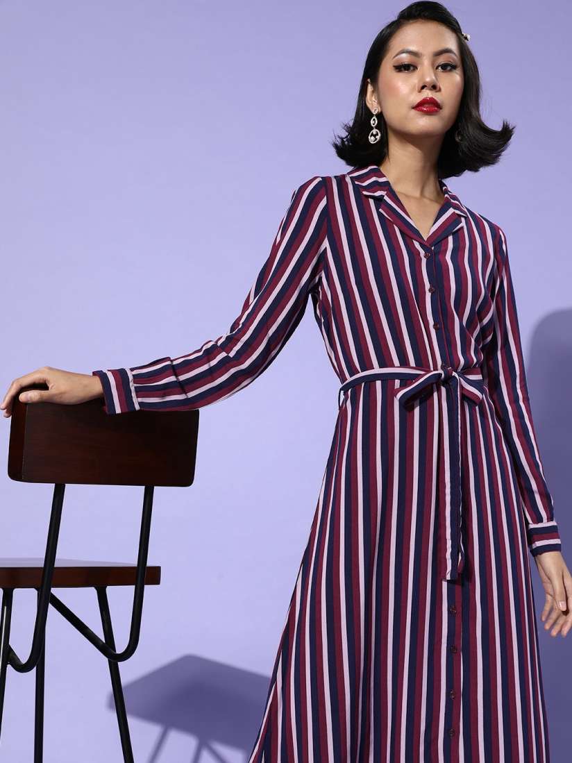 Buy DressBerry Women Navy Blue Maroon Striped A Line Midi Dress Dresses for Women 10463802 Myntra