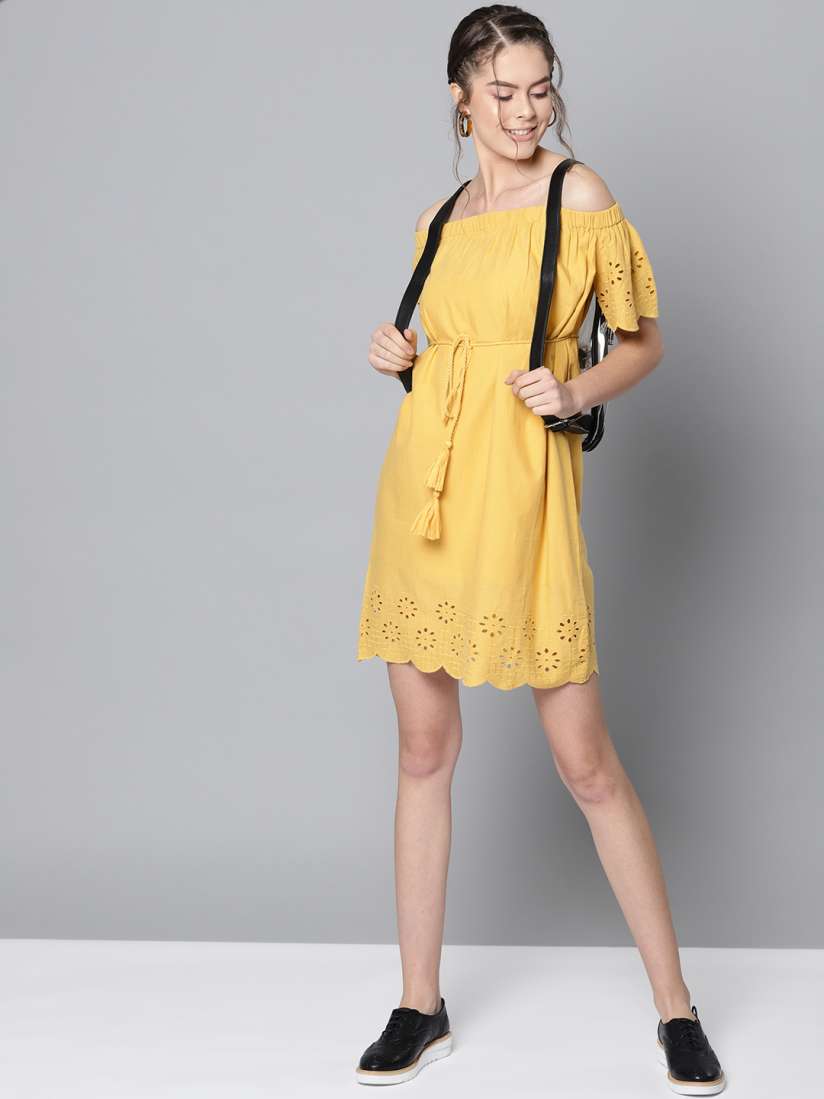 Buy STREET 9 Women Mustard Yellow Schiflli Embroidered Detail Off Shoulder Shift Dress Dresses for Women 10471124 Myntra