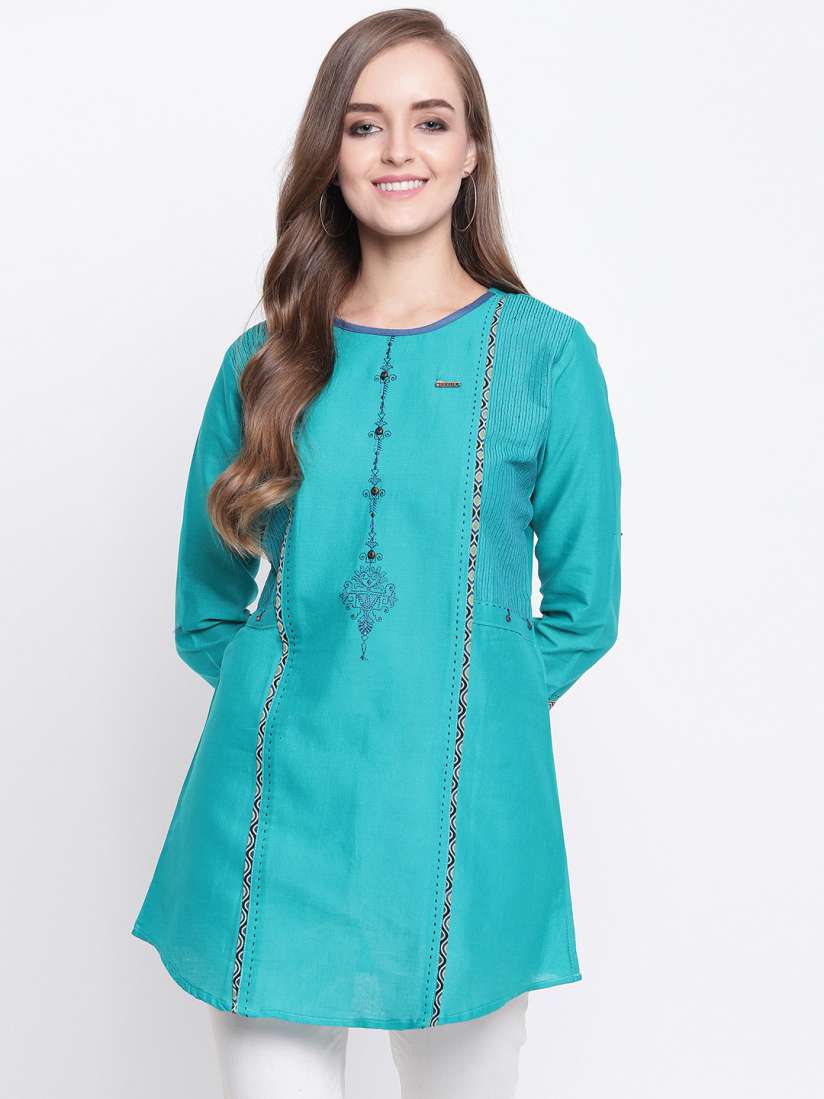 Buy Kvsfab Women Sea Green Embroidered A Line Kurti Kurtis for Women 10479494 Myntra