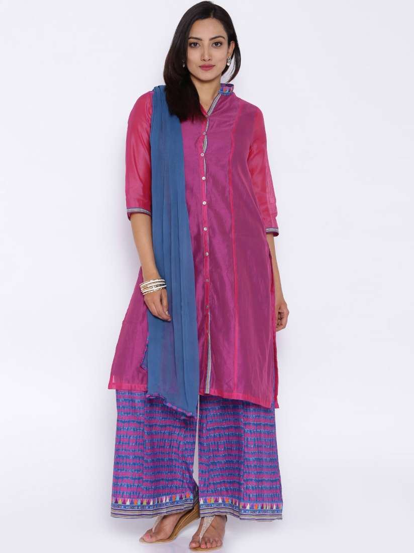 Buy BIBA Pink and Blue Kurta with Palazzo Trousers and Dupatta Kurta Sets for Women 1049346 Myntra