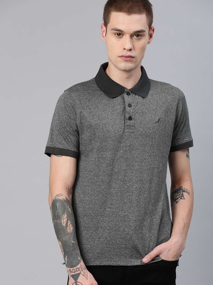 Buy American Crew Men Charcoal Grey Solid Polo Collar T-shirt