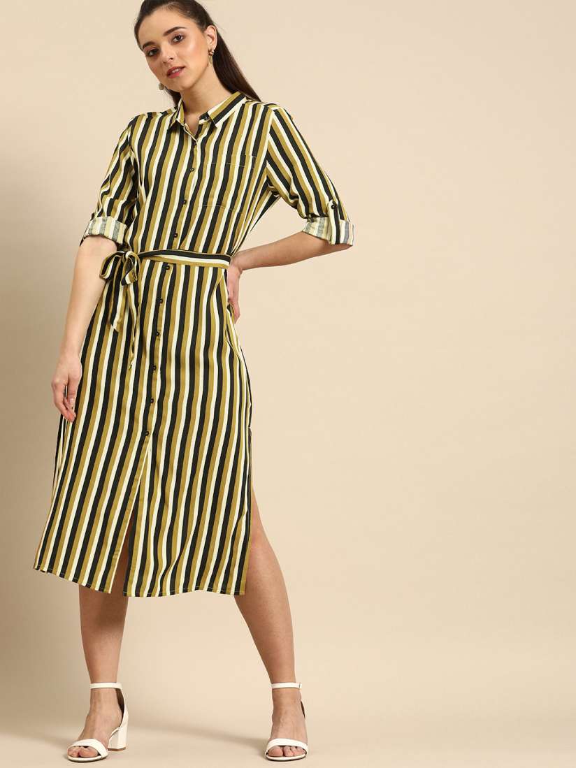Buy DressBerry Women Mustard Yellow Navy Blue Striped Shirt Dress Dresses for Women 10526782 Myntra