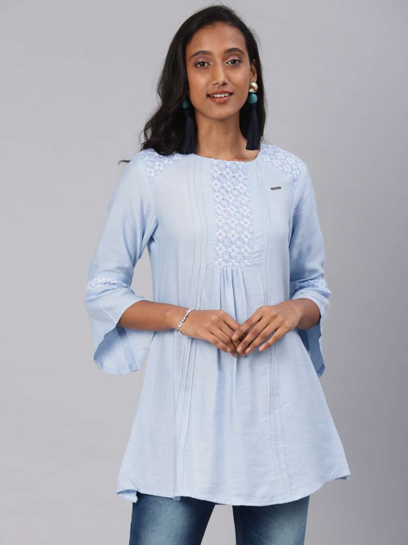 Buy Kvsfab Women Blue Yoke Design A Line Kurti Kurtis for Women 10530732 Myntra