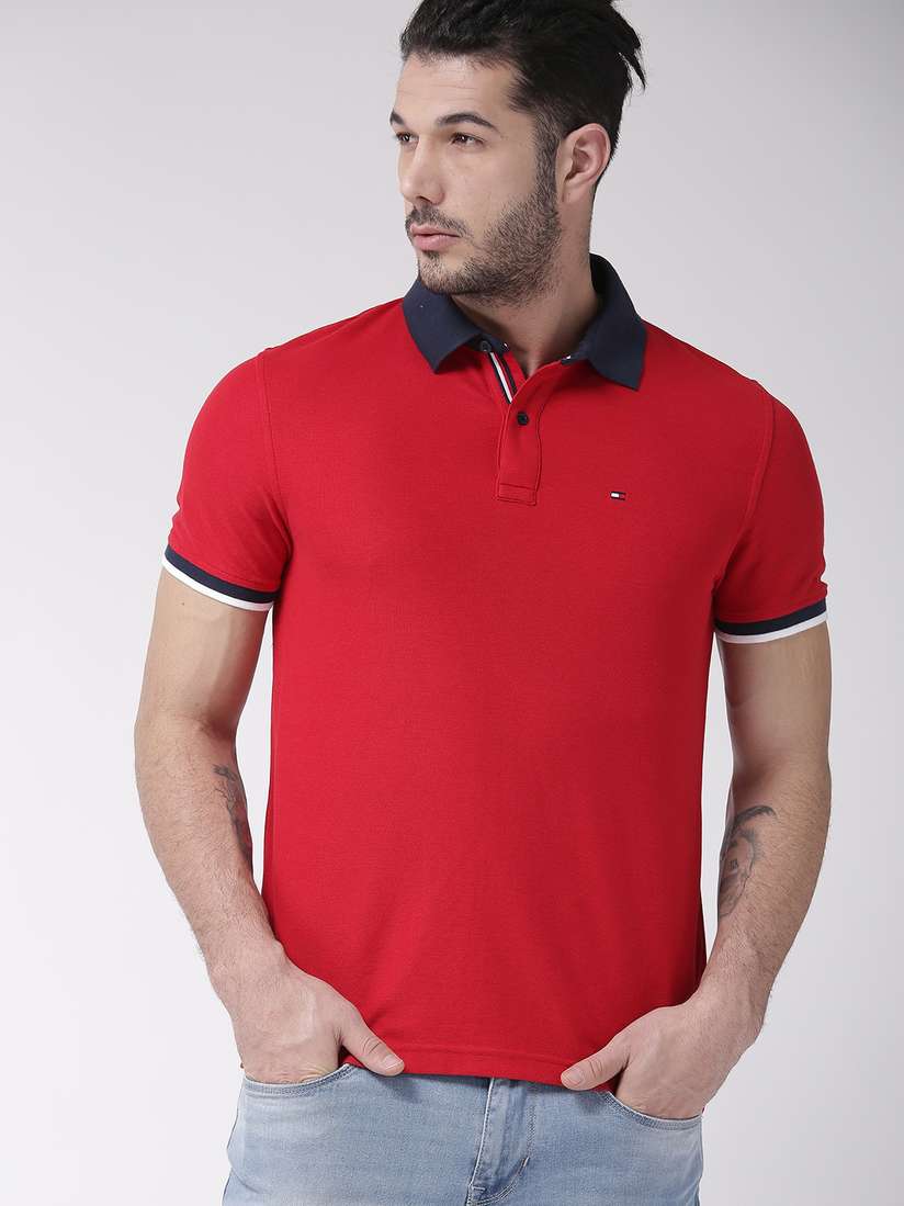 Buy Tommy Hilfiger Men Red Solid Polo Collar T-shirt Tshirts for