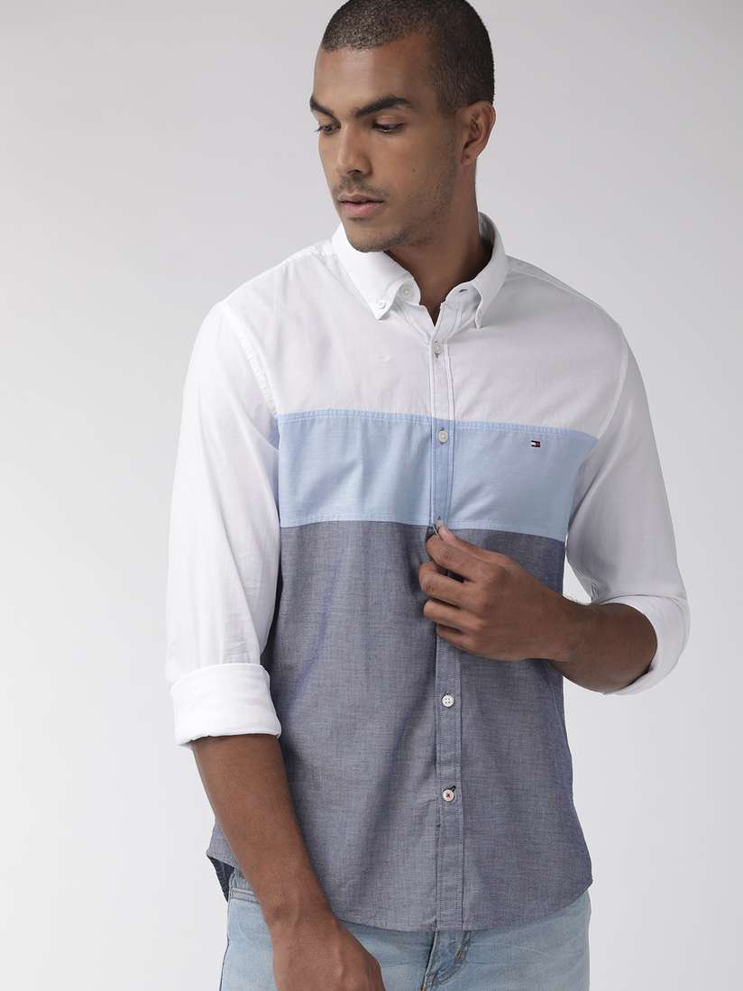 Mens Shirts Blue And White Tommy Hilfiger Shirt Premium Linen