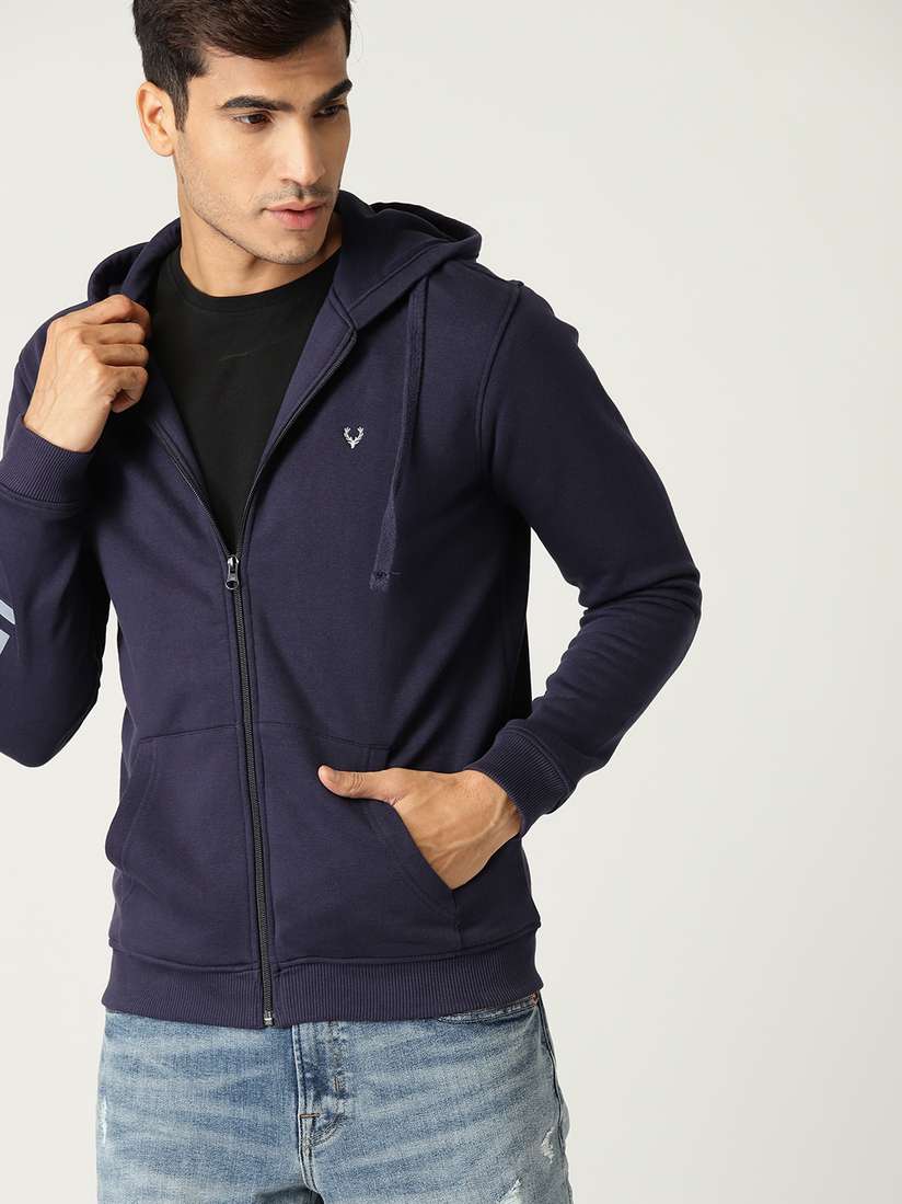 Buy Allen Solly Men Navy Blue Solid Hooded Sweatshirt