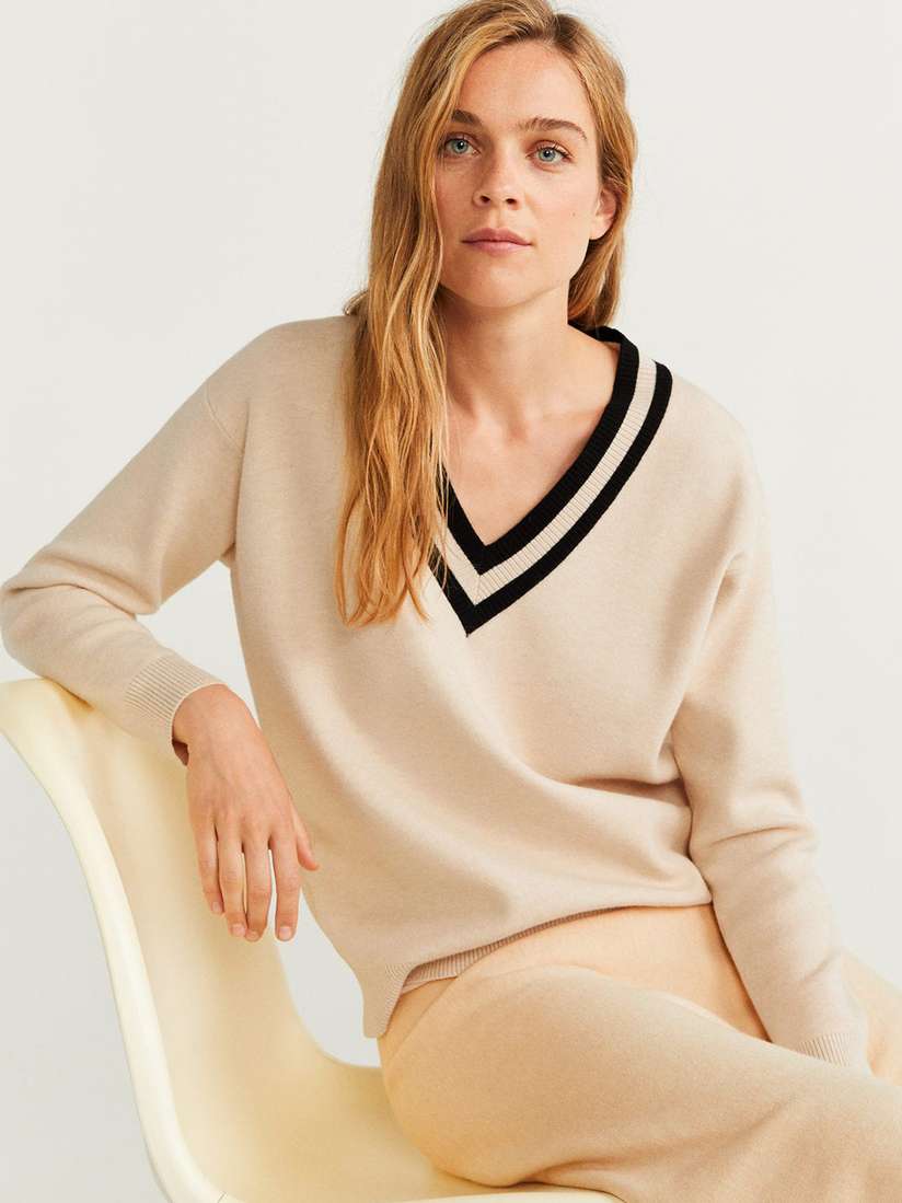 Mango Sweater Cream Sweater V Neck V-neck Knit Sweater Men MANGO