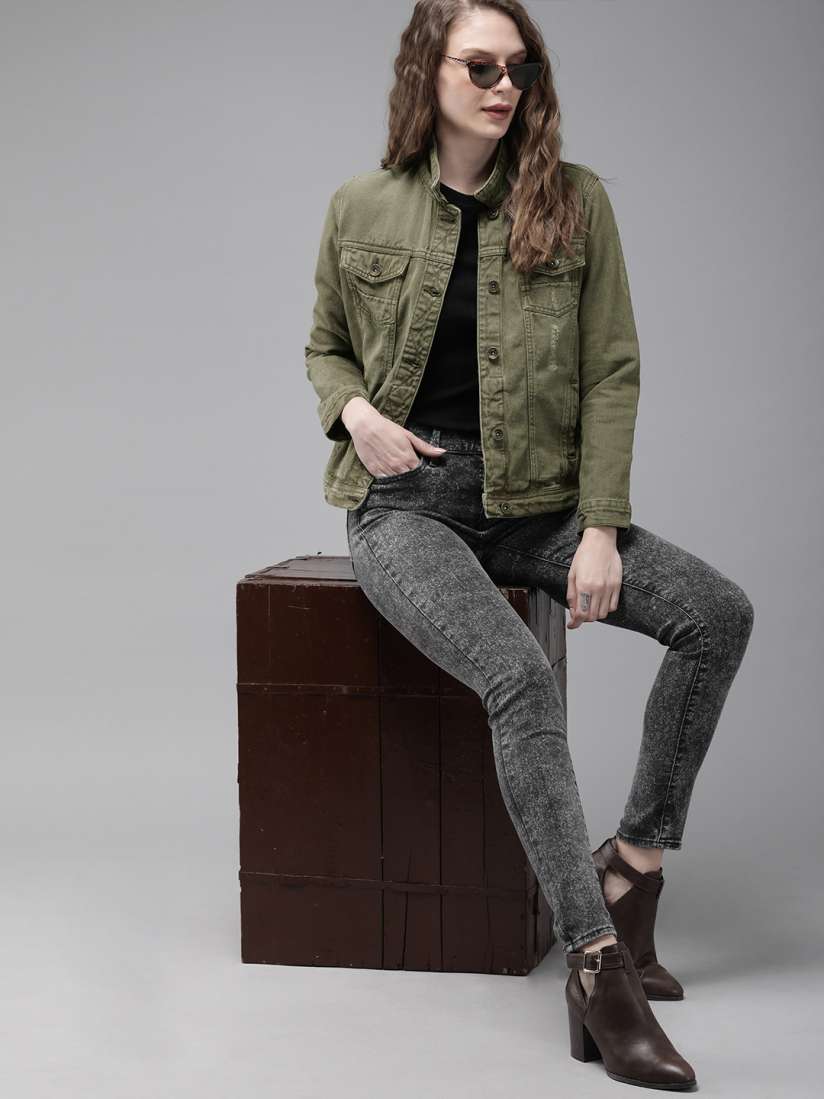 Olive green jean jacket womens on sale